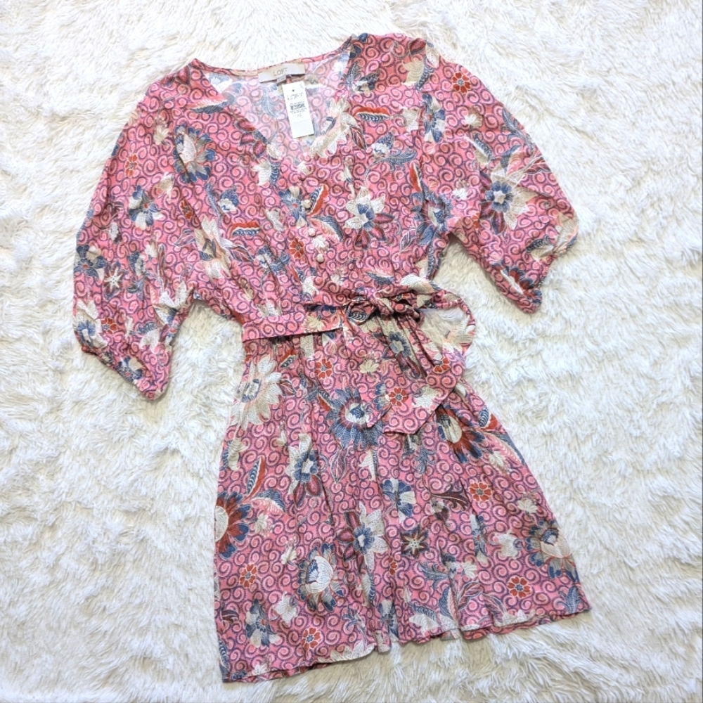 NWT Loft Pink Floral Cinched Waist Dahlia Dolman Sleeve Pocket Dress Size XS - Picture 3 of 14